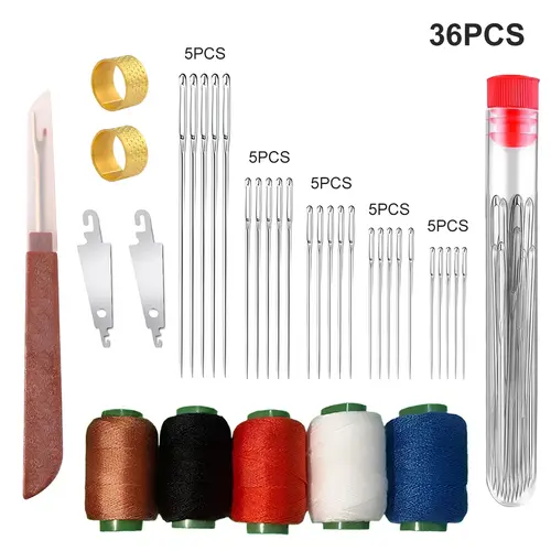36Pcs Sewing Tool Set, Big Eye Steel Sewing Needle Kit, Threader and Needle Repair Kit Stainless Steel Needles for Hand Sewing