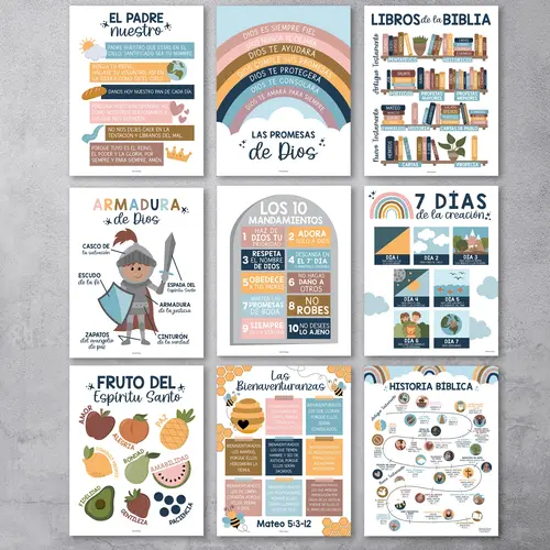 Hadley Designs Spanish Bible Posters for Kids (Set of 9), Preschool Teaching-Learning Art Decorations, Spanish Classroom Must-Have Christian Wall Decor