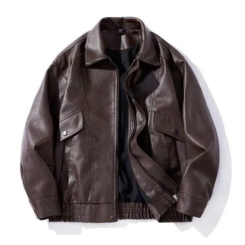BIGWIG Menswear Plain Faux Leather Bomber Jacket - Men's Tops Coats Outerwear for Autumn Winter, Casual Loose Soft Lapel Button Zipper Long-Sleeve PU Leather Flight Jacket with Pockets