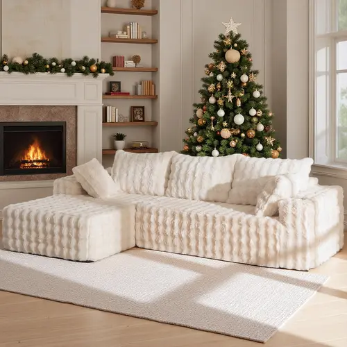 MAXYOYO 104" Modular Sectional Couch with L-Shape Chaise, Modern Boneless Couch for Living Room, Sofa in A Box, Faux Fur Sofa Sleeper with Deep Seat, No Assembly Required