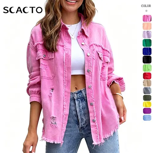 Scacto Women's Clothing Oversized Loose Cotton-Blend Shacket - Denim-Inspired Look, Collared Button-Up Longsleeve, Crop Fit, Raw Hem, Patch Pocket, Soft Casual Plain Layering Top, Polyester-Viscose, Orange, 2XL, Collared Neck