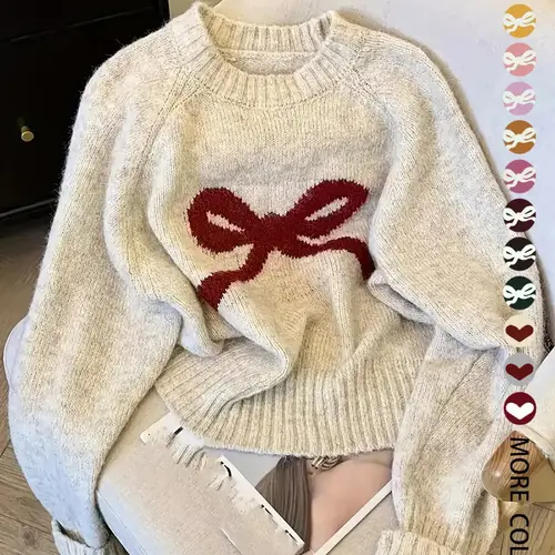 Women's Butterfly Knot Round Neck Long Sleeve Sweater, Fall & Winter Thick Knit Top, Sweet Casual Style Loose Fit Oversize, Elegant Cardigan for Valentine's Day, Womenswear, Knitwear