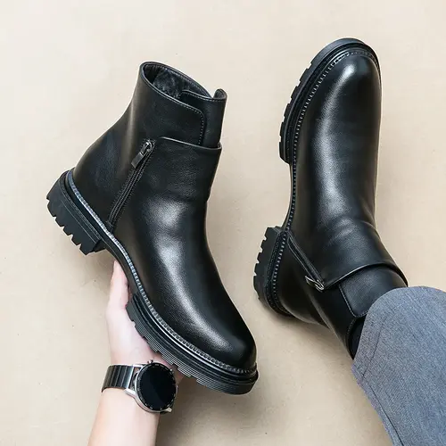 Men's Minimalist Cow Hide Side Zip Ankle Boots - Athletic Business Formal Work Office Shoes, Street Casual Outdoor Commuter Daily Wear Black Footwear