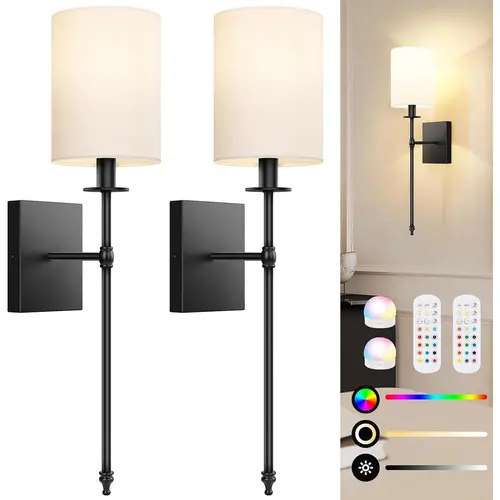 MATULSA 24.8in Set of 2 Wall Sconces with Remote Control, Indoor Not Hardwired Dimmable Wall Lamps with White Fabric Shade, Rechargeable Wireless wall lights For Bedroom, 2 Bulbs Included