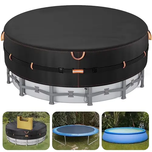 Round Swimming Pool Cover with Reflective Strips, Double-Stitched PU Tarp for Above-Ground Circular Pools, Solar Cover with Rope Tie & Glow-Safe Luminous Ground Nails, UV-Protected, Blocks Bugs Leaves Dust