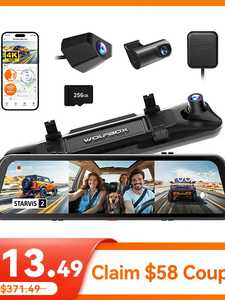 【Deals For You】WOLFBOX G900 Tripro 4K Rear View Mirror Camera STARVIS 2 IMX678 3 Channel 4K+1080P+2.5K Front Inside Rear Dash Cam 5.8GHz WiFi Voice Control 256GB Card