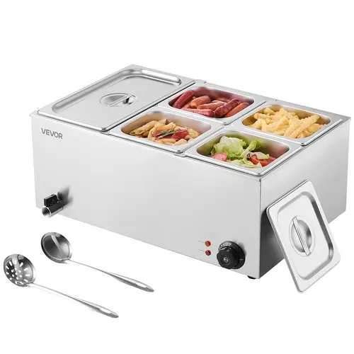 VEVOR 24QT Commercial Electric Countertop Stainless Steel Food Warmer & Steamer, 5-Pan 1200W Bain Marie, 86-185°F Adjustable Temp, Fast Heating, Easy Maintenance, Anti-Scaling, Automatic Shut Off, Durable for Catering