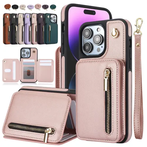PU Leather Crossbody Wallet Case for iPhone 17 Pro Max, 16 Plus, 16, 15, 14, 13, 12, 11 - Detachable Lanyard, Hand Strap, Cash Holder, Zipper Closure, Credit Card Slots, Mobile Phone Accessory Flip Cover