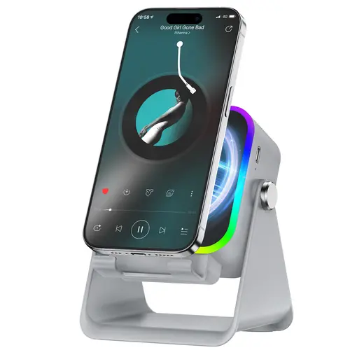 [SummerWins] 5-in-1 Wireless Induction Audio & Bluetooth Speaker with Phone Holder, 3500mAh Rechargeable Emergency Power Bank, 8 RGB Ambient Light, 360° Adjustable Mobile Tablet Stand– Gifts for Friends, Family