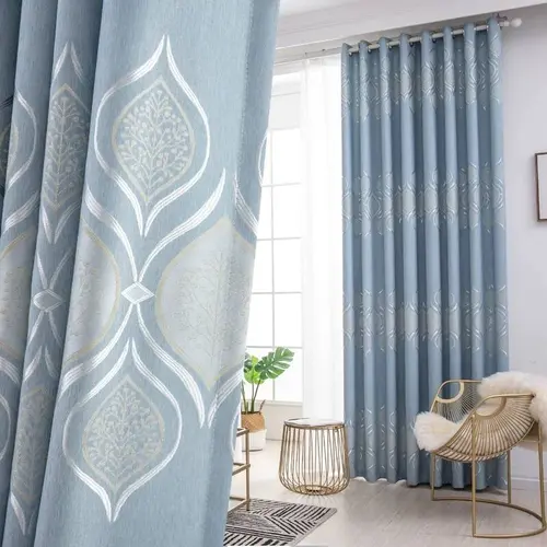 Nordic Jacquard Floral Window Curtain, Modern Minimalist Blackout Drapes, Blackout Curtains, Blue Color, Home Decor for Living Room Bedroom, Home Decoration Curtain, Home Decorative Curtain, Blackout Window Cover, Curtain For Windows