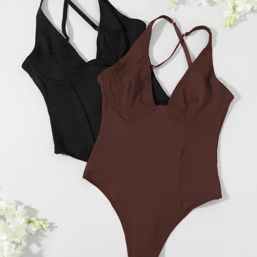 2-Piece Cross-Back Shaping Bodysuit Set, Vneck Tummy Control and Uplift Design, Adjustable Shoulder Straps with Underwire, Breathable Casual Style without Cup Pads, Women's Control Shapewear Bodysuit for Outerwear or Innerwear