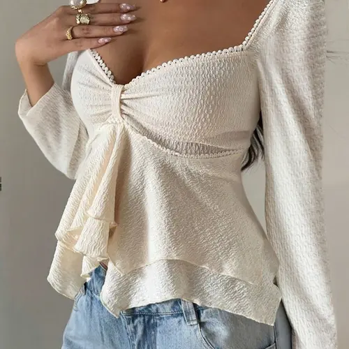 Women's Deep V Neck Ruched Long Sleeve Fitted Feminine Top, Casual Daily Tops, Casual Wave Hem Blouse, Perfect for Daily Wear & Dates, Versatile Fashion Piece