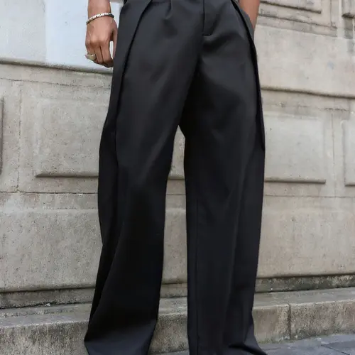Men's Fashion Wide Leg Pants, Casual Trousers, Casual Fitted Pants, Casual Street Pants, Stylish Wrinkled Buttoned Regular Length Pants for All-Season, Suitable for Daily Use