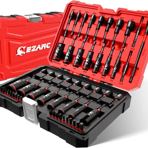 EZARC 55PCS Magnetic Impact Nut Driver Set - 1/4" Hex Shank Socket Adapter, Deep & Shallow Sockets, Wing Nut Setter, S2 Bits, Extension, Tools for Mechanics, Tool Boxes - Compatible with Impact Drills/Wrenches, Fathers Day Gift, Automotive, Hvac, Tools An