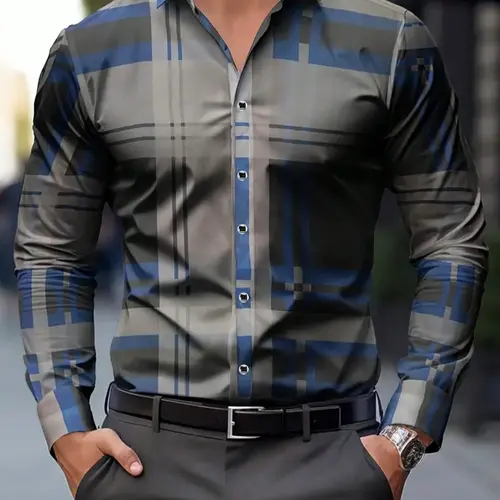 Men's Classic Plaid Button Front Collared Button-Down Shirt, Collared Shirts, Long Sleeve Fitted Casual Fashion Stylish Workwear, Suitable for Travel, Leisure & Professional Wear Cs215 Blue Color Menswear