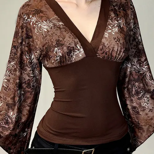 Women's Vintage Style V Neck Flounce Long Sleeve Tee, Patchwork Print T-Shirt for Fall, Casual Fashion Clothing, Classy Top