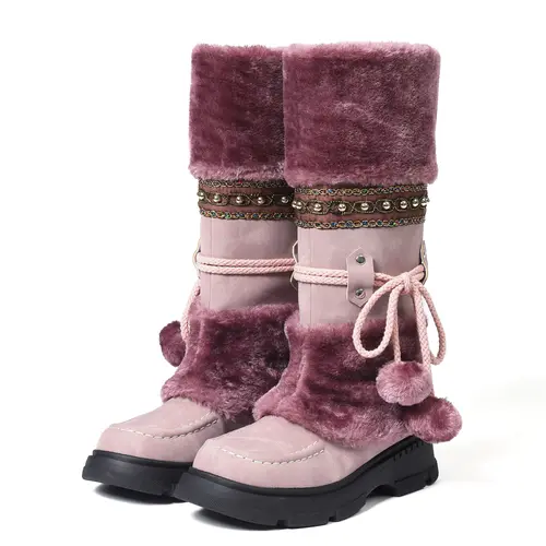 Womens Mid Calf Snow Boots Round Toe Block Heel Pull On Lace Faux Fur Cozy Warm chilly day booty Comfortable Boots Fashion Party Dress Trendy Knight Boots Summerwins