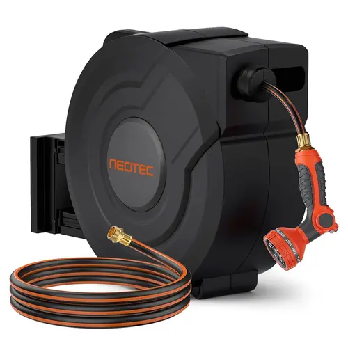 【summerfinds】NEOTEC Retractable Garden Hose Reel 90ft/100ft/130ft - Wall Mounted ，Heavy Duty Hose Reel with 3/4 Inch Brass Fittings & 9-Pattern Nozzle - Auto Rewind System, Any Length Lock, 180° Swivel Bracket