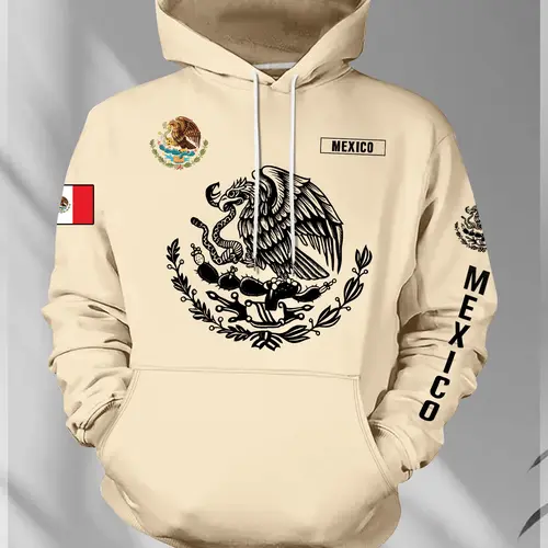 Men's Mexican Eagle Snake Hoodie, Winter Casual Fitted Sweatshirt, Cartoon Pattern, Street Style, National Cultural Trendy Clothing, Ethnic Pattern Hoodie