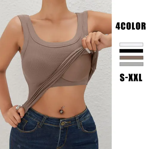 EssElegance Women's Racerback Elastic Ribbed Soft Vest Tank Top with Built-in Bra, Scoop Neck Activewear Fitness Workout Style Fashion Sporty Fit Daily Wear Top