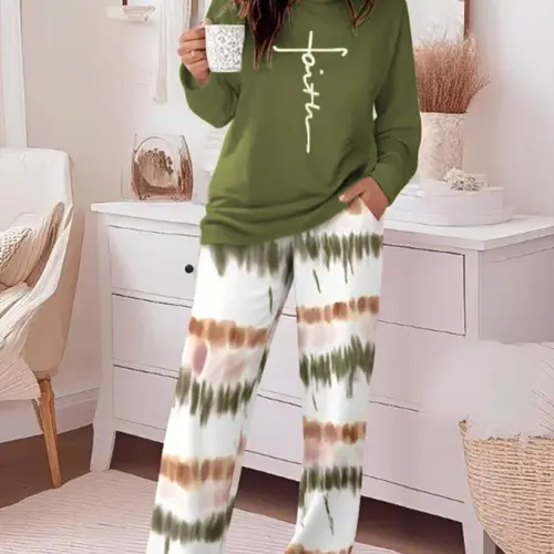 Women's Casual Printed Round Neck Long Sleeve Top & Gradient Print Pants Set, Soft Comfortable Home Wear Loungewear Pjs Pajama Nightwear, All Seasons Fitted Womenswear, matching pajamas set