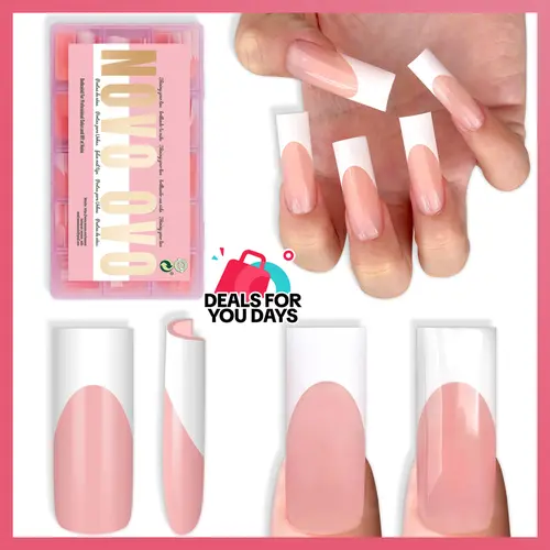 NOVO OVO Press on Nail Sets - Long Sharp Square White French Tip Fake Nails, Baby Pink Extra Thick Soft Gel Full Cover Extensions, 15 Sizes 180 Pcs (Needs Builder Gel; No Glue/Top Coat/Light Included) for Salon DIY Beauty & Personal Care, Nail Care