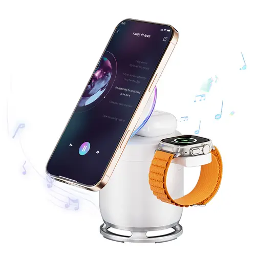 VAISEKE 3-in-1 Magnetic Wireless Charging Station with Light & Bluetooth Speaker, Foldable Adapter for MagSafe, iPhone, AirPods, Smartwatch, Smartphone, Cellphone, Mobile Devices
