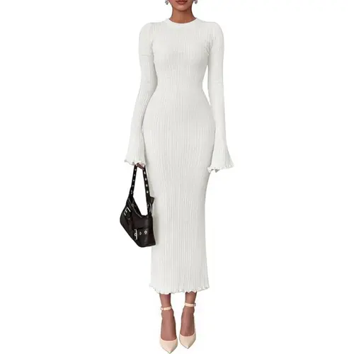PrettyGarden Womens Sweater Dress Fall Casual Boat Neck Long Sleeve Pullover Ribbed Knit Bodycon Maxi Sweater Dresses