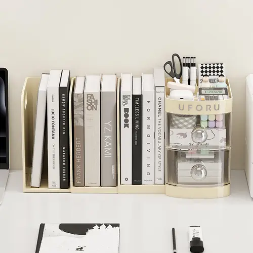 Adjustable Desktop Bookshelf - Multifunctional Stationery Desk Tidy with Drawer, Pen Holder, Shelves, Compartments, Organizer Box & File Storage for Office Accessories & Table Organizers, Stationery Supplies