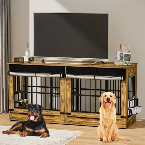 ZZWHOM Premium Solid Wooden Dog Crate - 2XL Rustic Brown Double Door Kennel, Escape-Proof Lockable Doors, Square Slat Design, All-Seasons Indoor Non-Skid Ventilated Crate, Minimal Assembly, Secure Space, Upgrade Pack for Medium-Giant Breeds