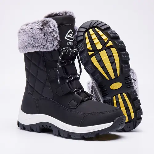 Women's PU Leather Waterproof Mid-Calf Lace-Up Winter Boots - Full Fur Lined, Durable Rubber Sole, Chic, Flexible, Round Toe, Breathable, Slip-Resistant, Stable Lace Fit, All-Weather Grip Shoes for Outdoor, Indoor Use