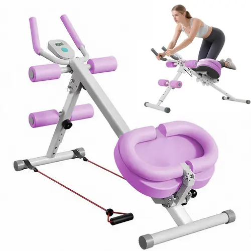 Unisex Adjustable Sit-Up Machine - Foldable Compact Abdominal Core Equipment with LCD Monitor, Adjustable Abs Trainer for Indoor Ab Training (Pink/Purple)