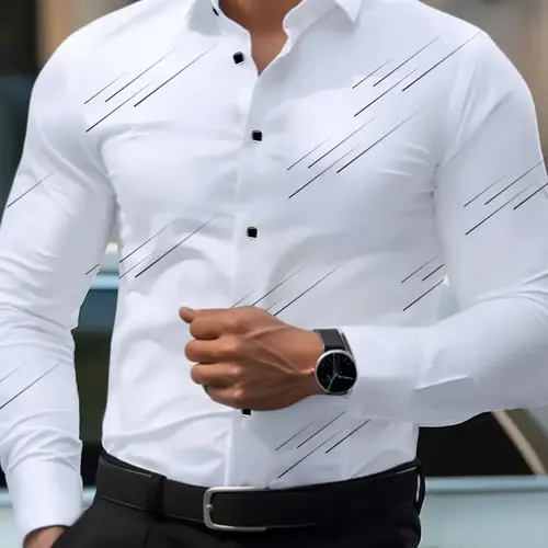 Men's Casual Business Style Long Sleeve Collared Button Front Neckline Shirt, Comfortable Fashion Design, Perfect for Daily Wear