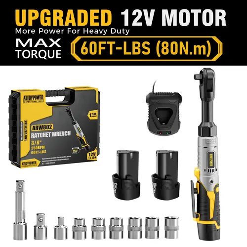 Cordless Electric Ratchet Wrench Set, 60Ft-lbs, 12V Extended Cordless Ratchet Wrench 3/8", 6 Sockets, 1/4" Adapter, Forward/Reverse Switch, 2 Batteries, 1/2" Adapter