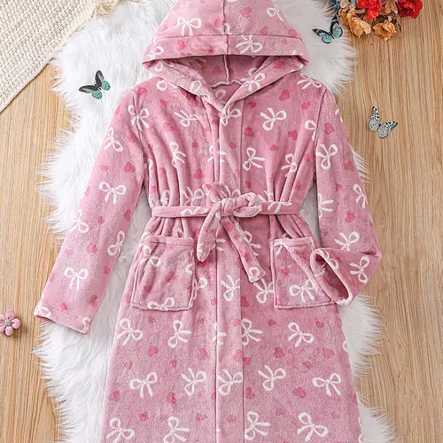 Kids' Heart Plush Robe, Soft & Comfortable, Loose-Fit Design, Fall Winter Warm Pajamas, Casual Home Wear, Girls Boys Sleepwear, Heart Pattern Sleepwear, Heart Print Robe, Fluffy Robe