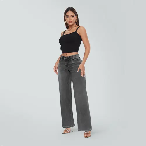 Magic ONESO Women's Mid-Low Rise Baggy Jeans: Stretchy Wide Leg & Distressed Gray Denim Pants with Tummy Control, BBL Curve Hugging Fit for Plus & Regular Size leg baggy jean