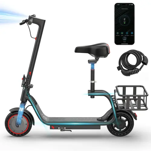 SummerVibes AOPO Electric Scooter with Seat, 350W motor, 36V battery, top speed 19mph. Foldable design with APP control, dual brakes, and dual suspension. Ideal for commuting, campus rides, and short city trips.