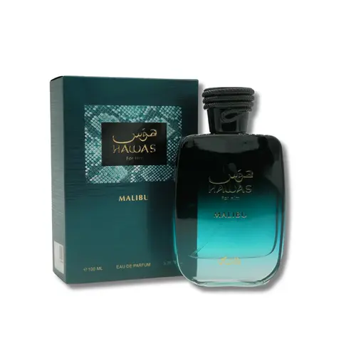 Rasasi Hawas Malibu Unisex Eau De Parfum - 3.4 fl. oz. Aromatic Woody Fragrance with Pineapple, Lavender, Citrus Heart, Cozy Musk Finish & Amber Richness for Casual Wear