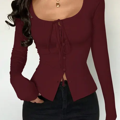 Women's Sexy Solid Color Knitted Elastic Back Tie Decor Round Neck Long Sleeve Tight Fit Fitted T-Shirt, Versatile Casual Daily Wear Top for Women, Casual Fashion Knitwear, Womenswear, Lady