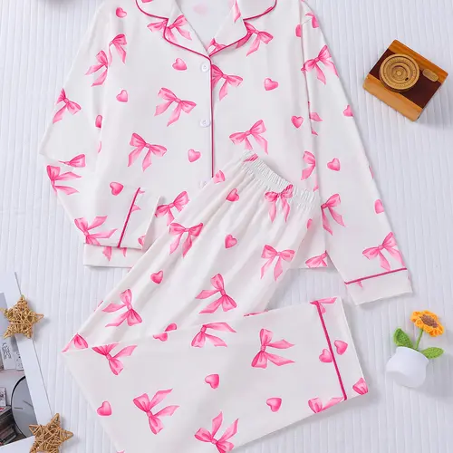 2-piece set for boys and girls, Halloween pink, dyed love bow, long sleeved pants, soft and comfortable button closure, elastic waistband, suitable for all seasons home, casual sleepwear, regular wear, Collared Pajama Set, Pajama Outfit