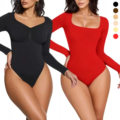 Women's Slim Fit Long Sleeve Seamless Thong Bodysuit - Chic Women's Clothes for Work, Square/V-Neck Style Shapewear Top with Tummy Control, Stretch Fabric, Button Detail, Winter Layering Piece Soft Womenswear, Clothes For Women