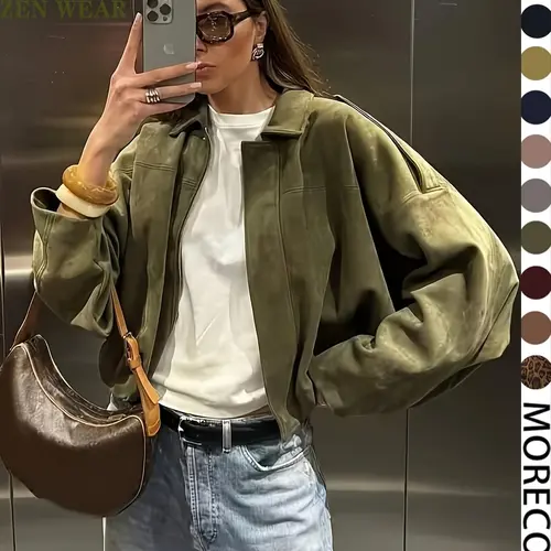 New Spring Trendy Military Army Short Suede Jacket Coat, Loose Fit Women's Casual Outerwear Tops, Stylish Plain Design