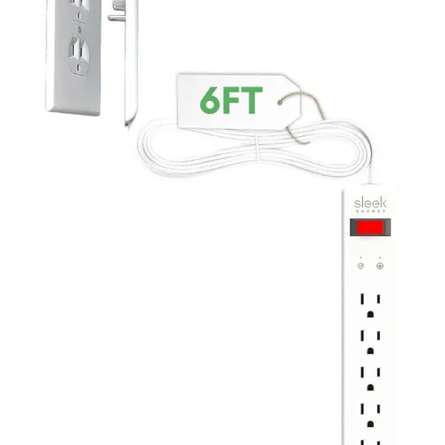 Sleek Socket Original Patented Ultra-Thin Outlet Concealer with Cord Concealer Kit, 6-Foot Inverted Flat Extension Cord Power Strip with Multi-Outlets Surge Protection, Ideal for Home Office Devices & Electronics Accessories