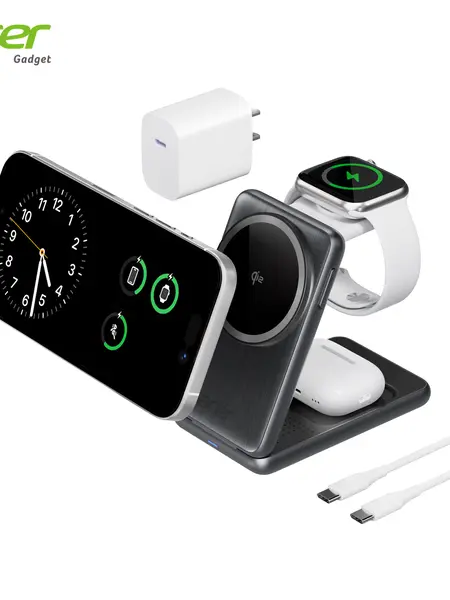 Acer S3 3 in 1 Wireless Charging Station, MagSafe Charger Stand Compatible, Qi2 15W Certified Palm-Sized Foldable Charger for iPhone 17/16, Apple Watch, AirPods (Non-Battery, Adapter Included) summerwins
