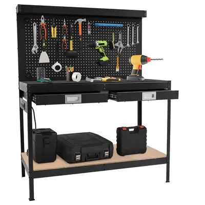【GARVEE】48 Inch Heavy Duty Workbench, 2 Tier Garage Workbench with Power Outlet, 2 Drawers, Pegboard, Under Shelf, Professional Industrial Work Table for Workshop, Basement