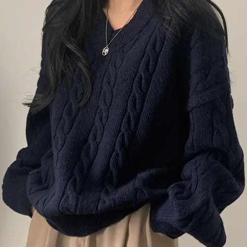 Women's Casual Loose Knit Sweater Top, Simple V Neck Design, Vintage Style, Perfect for Fall & Winter, Ladies Fashion Clothing, Knitwear