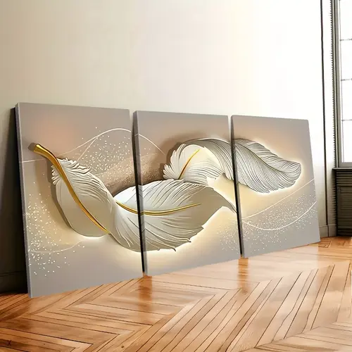 Artistic 3-Piece Feather Star Modern Light Abstract Canvas Wall Art Set, High-Definition Pine Wood Framed Print Posters, Ready-to-Hang Home Decor Accessory for Indoor Decoration