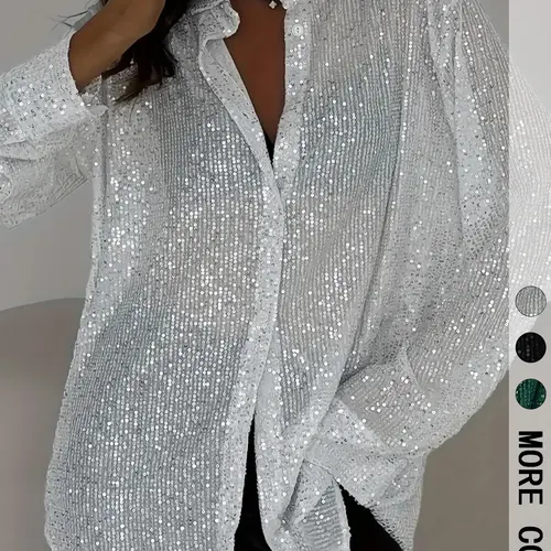 Women's Sequined Sheer Long Sleeve Loose Button Shirt, Elegant Blouse for Evening Parties & Daily Wear, Stylish Women's Clothing, Womenswear