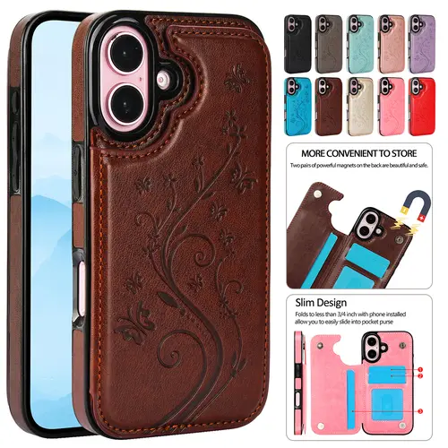 Butterfly Floral Pattern PU Leather Smartphone Wallet Case for iPhone 17/16/Pro Max/15/14/13/12 - 3 Card Slots, Magnetic Clasp, RFID Blocking, Kickstand Holder, Durable TPU Bumper, Device Protection, Cellphone, Devices