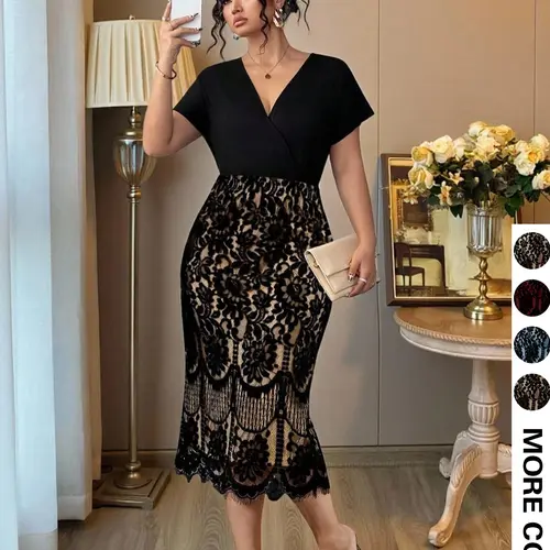 【Plus Size】 Solid V Neck A Line Fitted Dress, Elegant Chic Bishop Sleeve Patchwork Dress for Party Holiday Wedding Guest, Women's Clothes for Spring & Fall Womenswear Lady